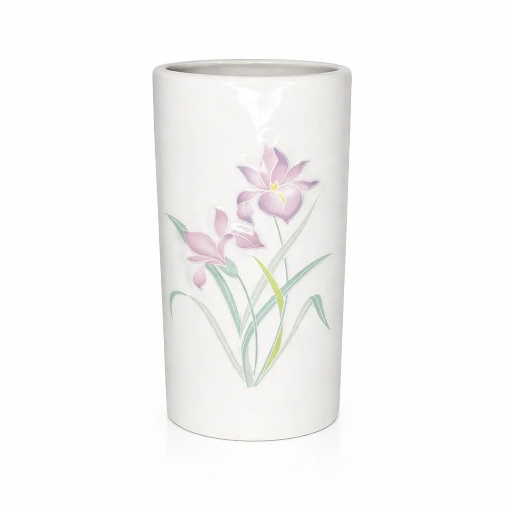 White Ceramic Vase with Pink Floral Motif